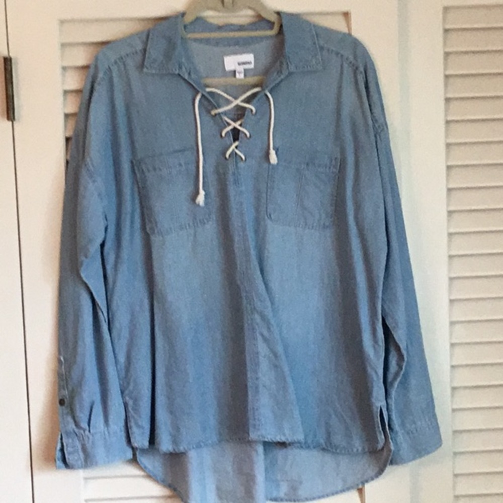 Denim Long Sleeve Shirt, Loose Fit, Size Large, Summer Boho, Grandma Core